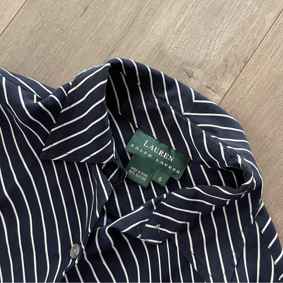 Ralph Lauren Navy Striped 100% Silk Pearl Button Down Blouse - Picture 5 of 5